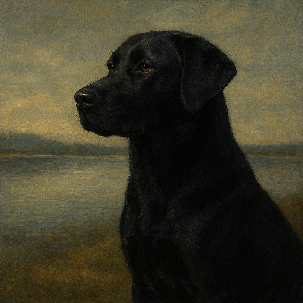 Black Labrador Retriever by Misty Lake Horizon No. 9 Fine Art Oil Painting - View 1