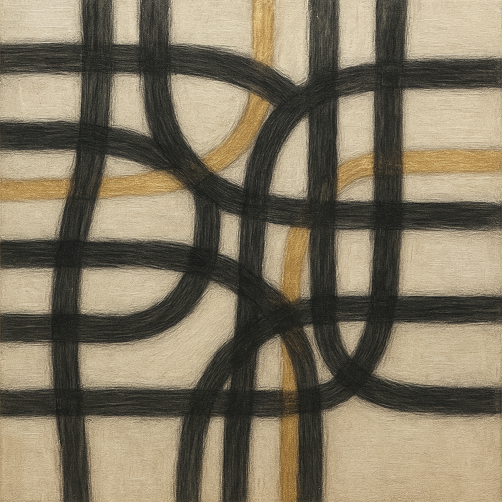 Abstract Woven Line Matrix in Charcoal & Gold Fine Art Oil Painting - View 1