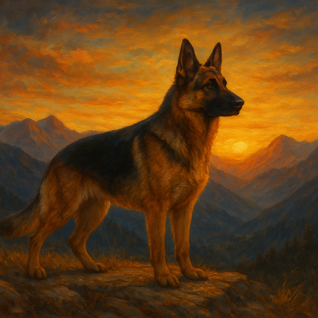 German Shepherd Standing in Alpine Sunset No. 6 Fine Art Oil Painting - View 1