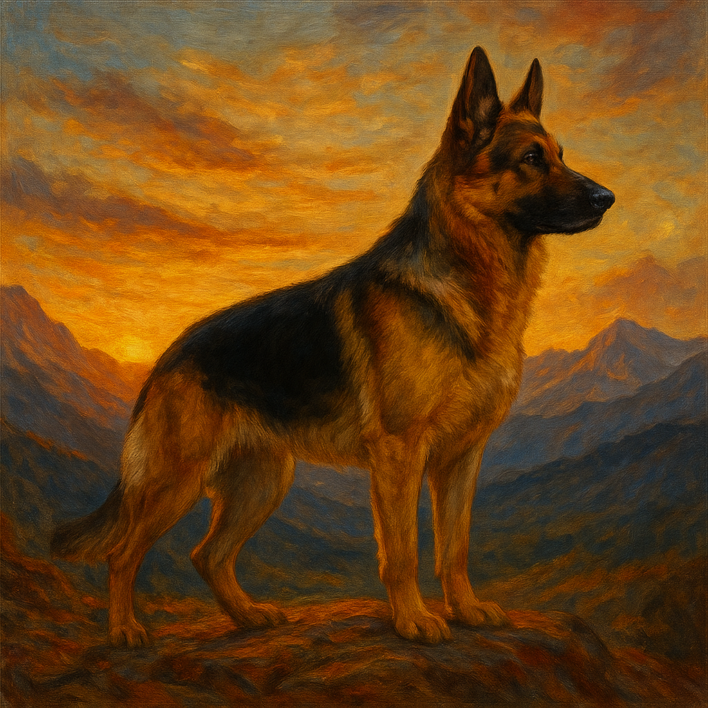 German Shepherd Standing in Alpine Sunset No. 11 Fine Art Oil Painting - View 1