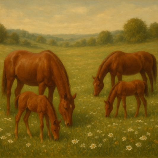 Mares & Foals Grazing in Rolling Meadow No. 20 Oil Painting 100% Hand Painted Oil on Belgian Linen Canvas, Original Fine Art Wall Decor