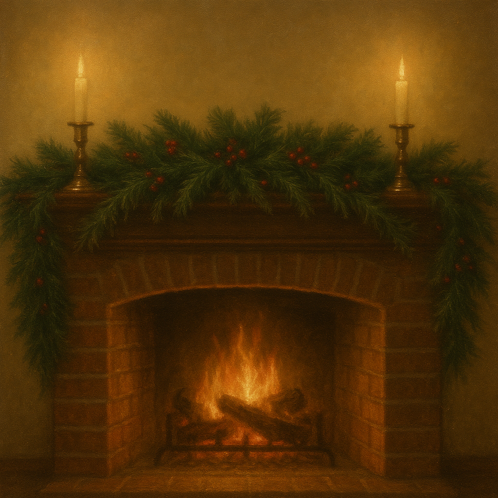 Vintage Fireside Hearth & Cedar Garlands No. 7 Oil Painting - View 1