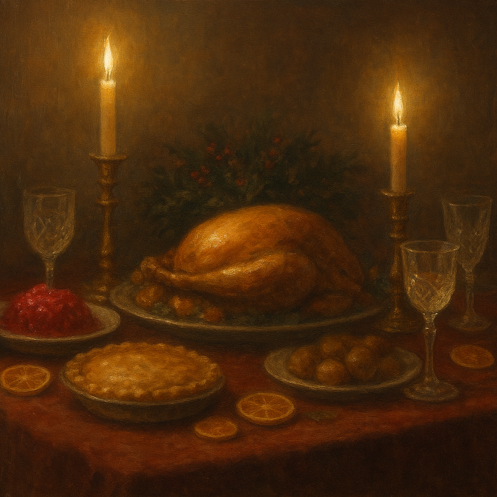 Candlelit Holiday Table & Vintage Glassware No. 3 Oil Painting - View 1
