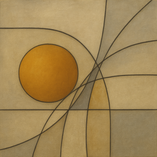 Abstract Tangent Lines & Earthy Ochre Disc No. 19 Oil Painting 100% Hand Painted Oil on Belgian Linen Canvas, Original Fine Art Wall Decor