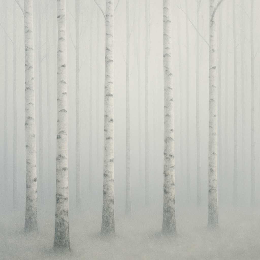 Pale Birch Woodland Silhouette in Whiteout No. 8 Oil Painting - View 1