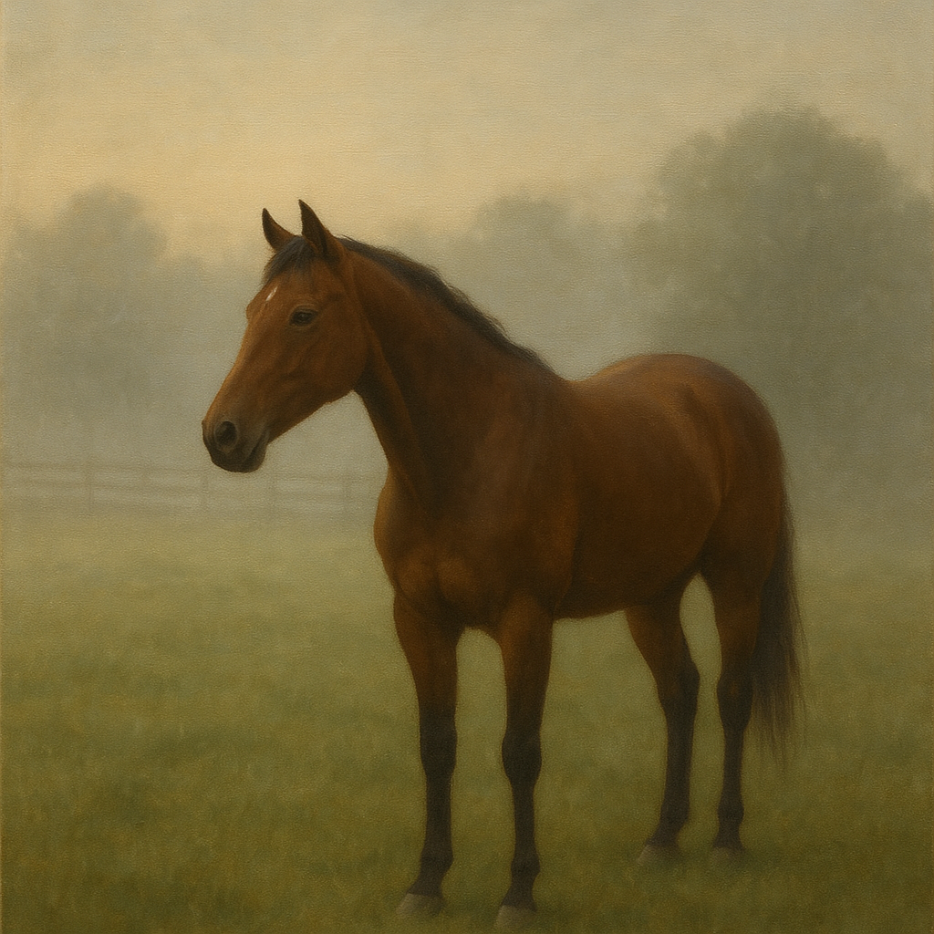 Thoroughbred in Morning Pasture Mist No. 9 Oil Painting - View 1