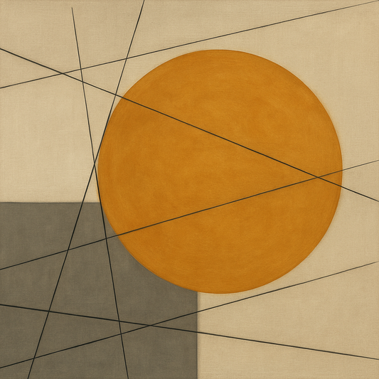 Abstract Tangent Lines & Earthy Ochre Disc No. 22 Oil Painting - View 1