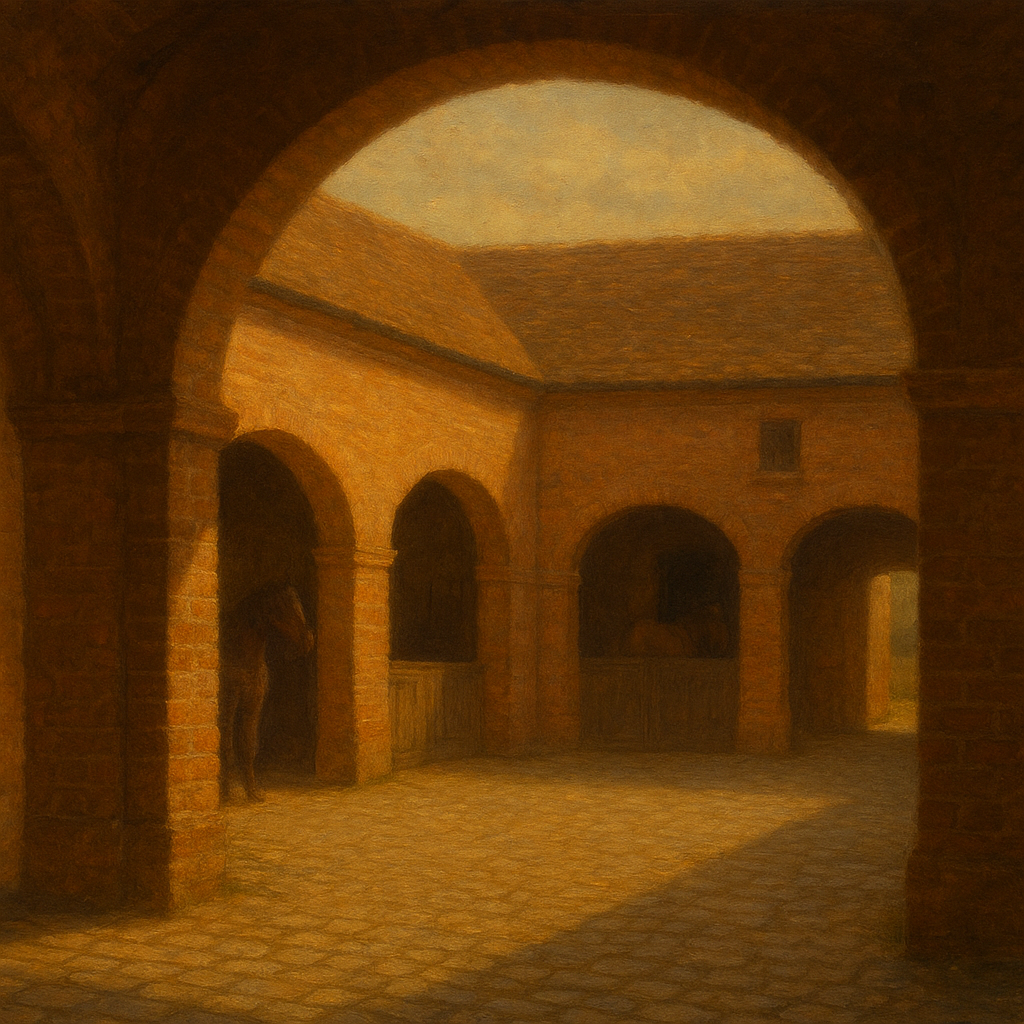 Equestrian Stable Courtyard in Late Afternoon No. 13 Oil Painting 100% Hand Painted Oil on Belgian Linen Canvas, Original Fine Art Wall Decor