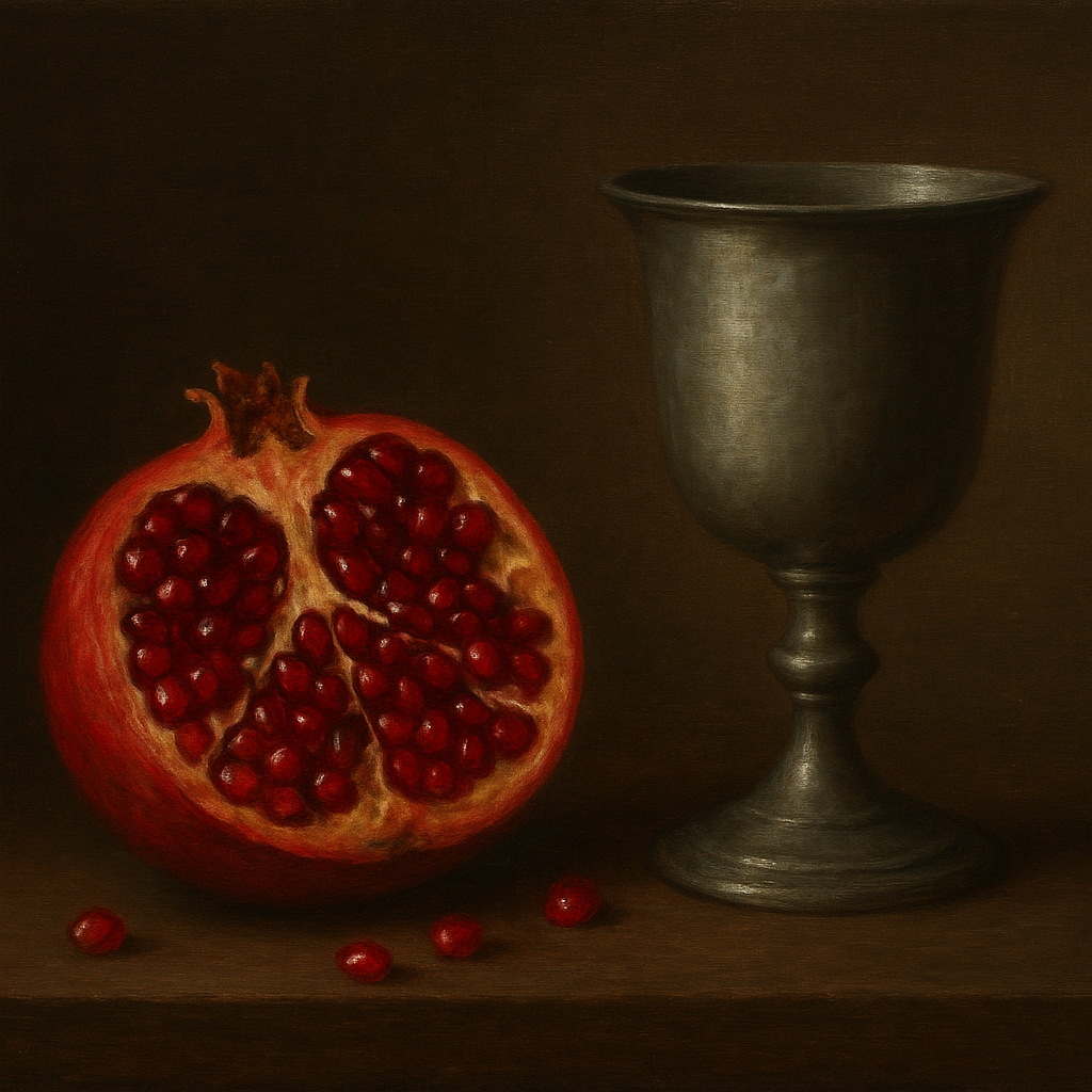 Pomegranate & Vintage Pewter Goblet No. 5 Oil Painting - View 1