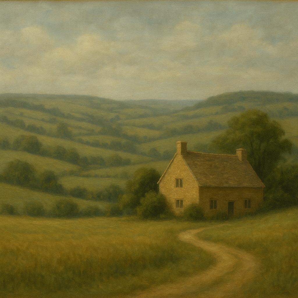 Rolling Cotswold Hills & Stone Cottage Oil Painting - View 1