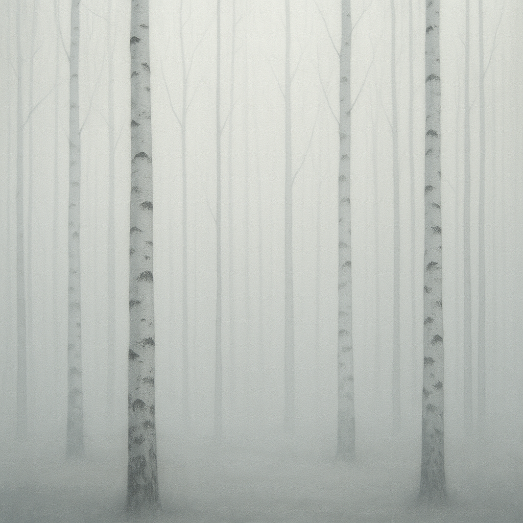 Pale Birch Woodland Silhouette in Whiteout No. 4 Oil Painting - View 1