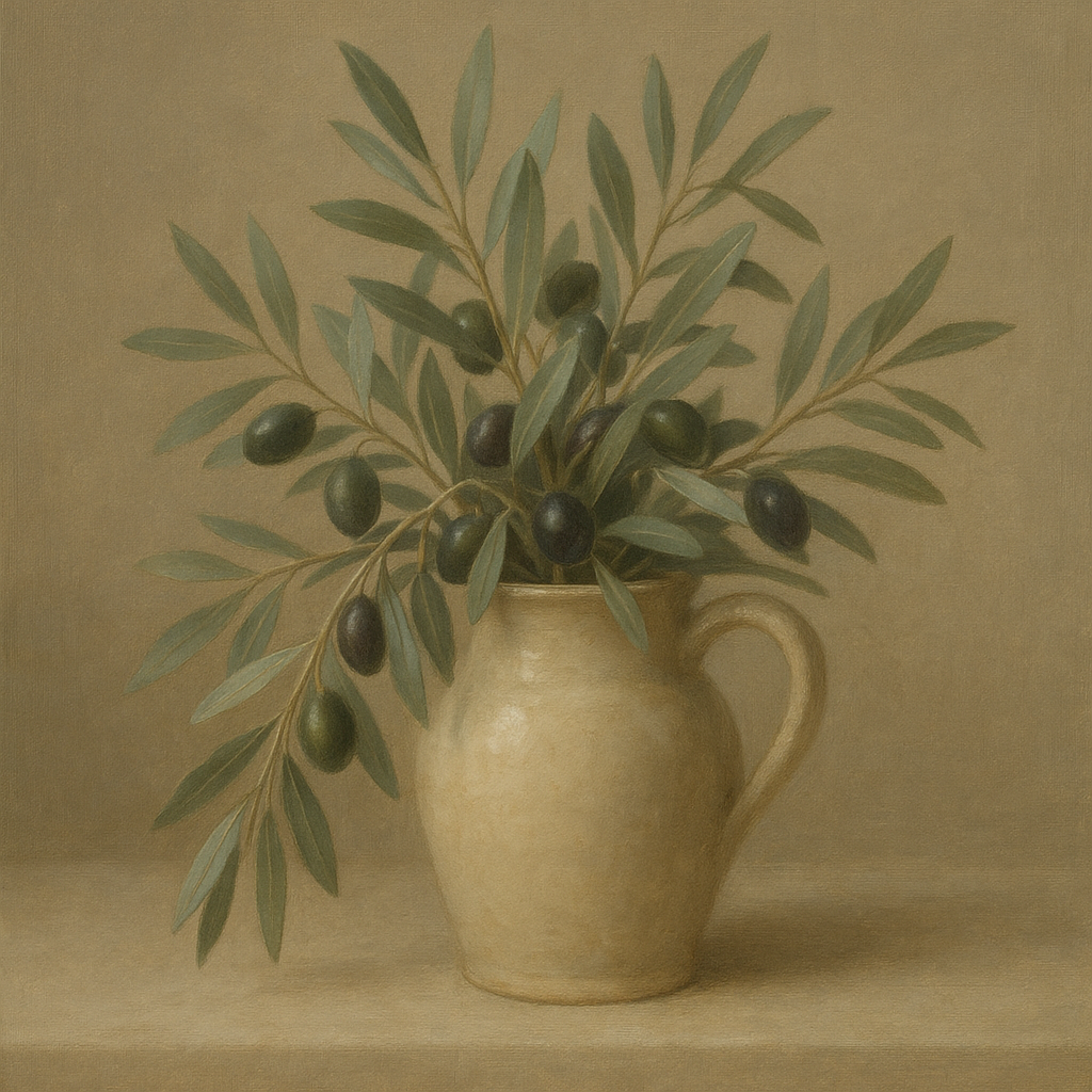 Wild Olive Sprigs in Stoneware Pitcher No. 9 Oil Painting - View 1