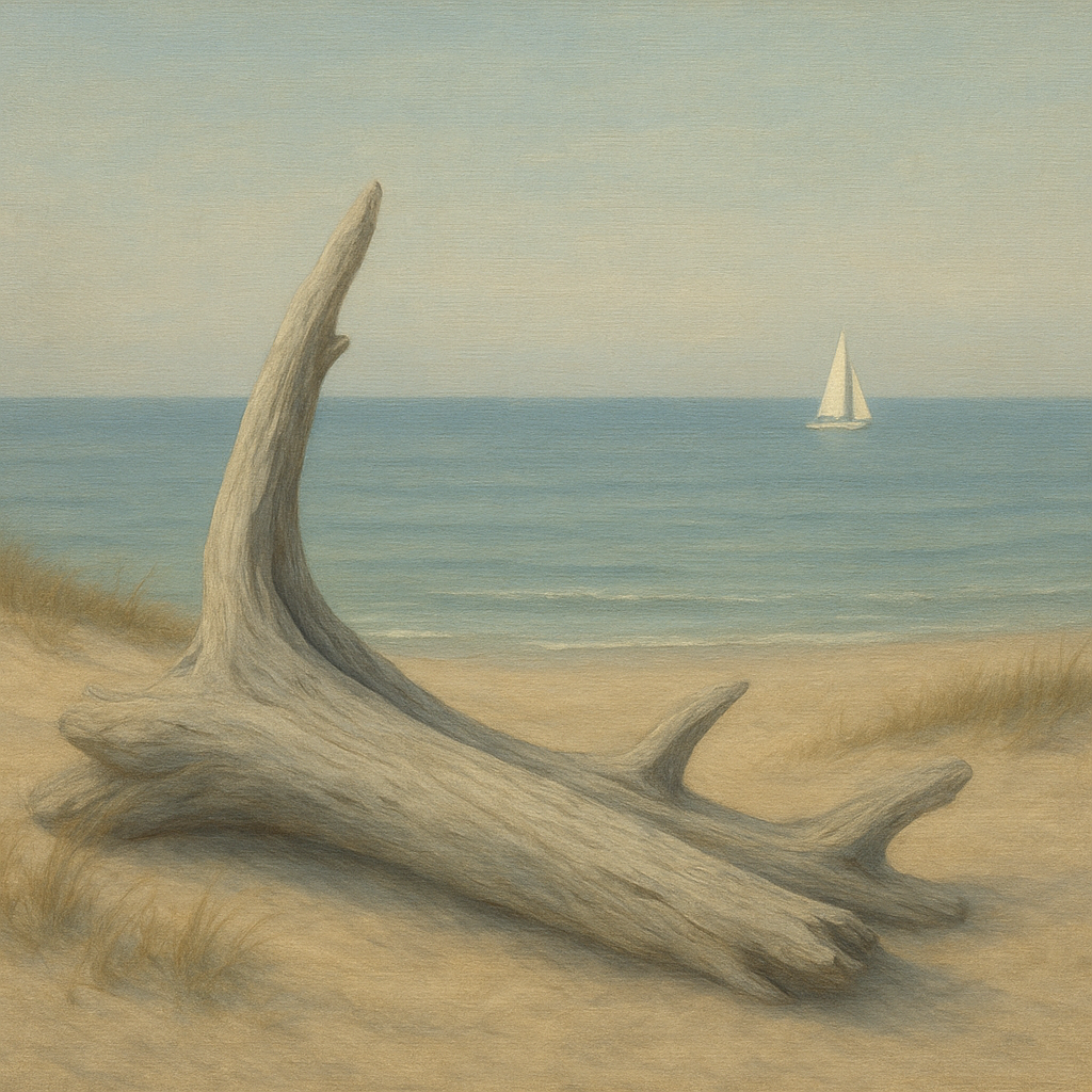 Sun-Bleached Driftwood & Distant Sailboat No. 14 Oil Painting - View 1