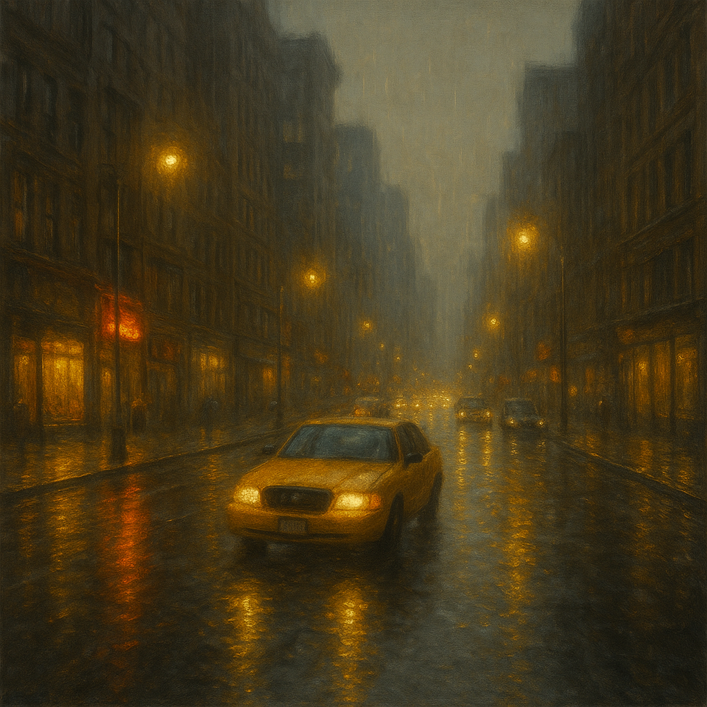 Rain-Drenched Manhattan Avenue Lights No. 9 Oil Painting - View 1