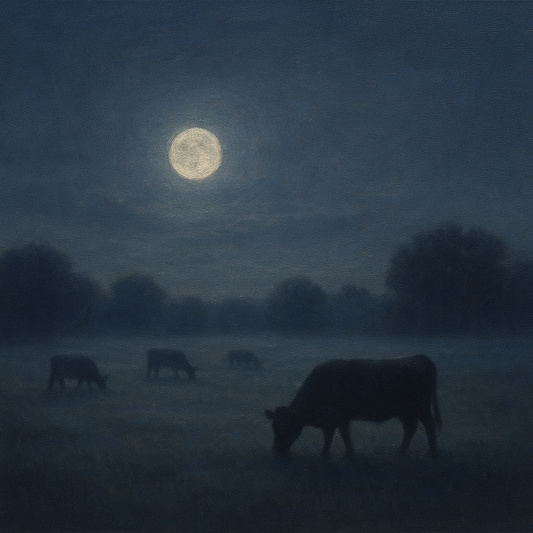 Moonlit Pastoral Meadow & Cattle Silhouettes No. 5 Oil Painting - View 1