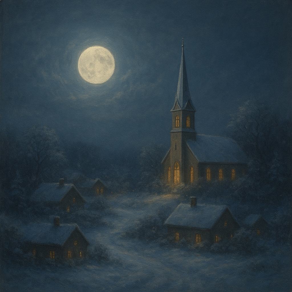 Moonlight Over Snowy Village Steeple No. 4 Oil Painting - View 1