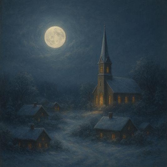 Moonlight Over Snowy Village Steeple No. 4 Oil Painting - View 1