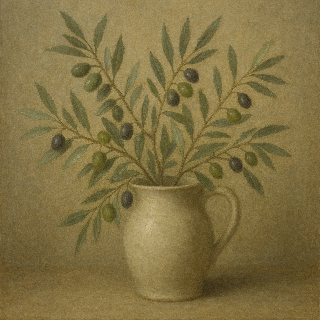 Wild Olive Sprigs in Stoneware Pitcher Oil Painting - View 1