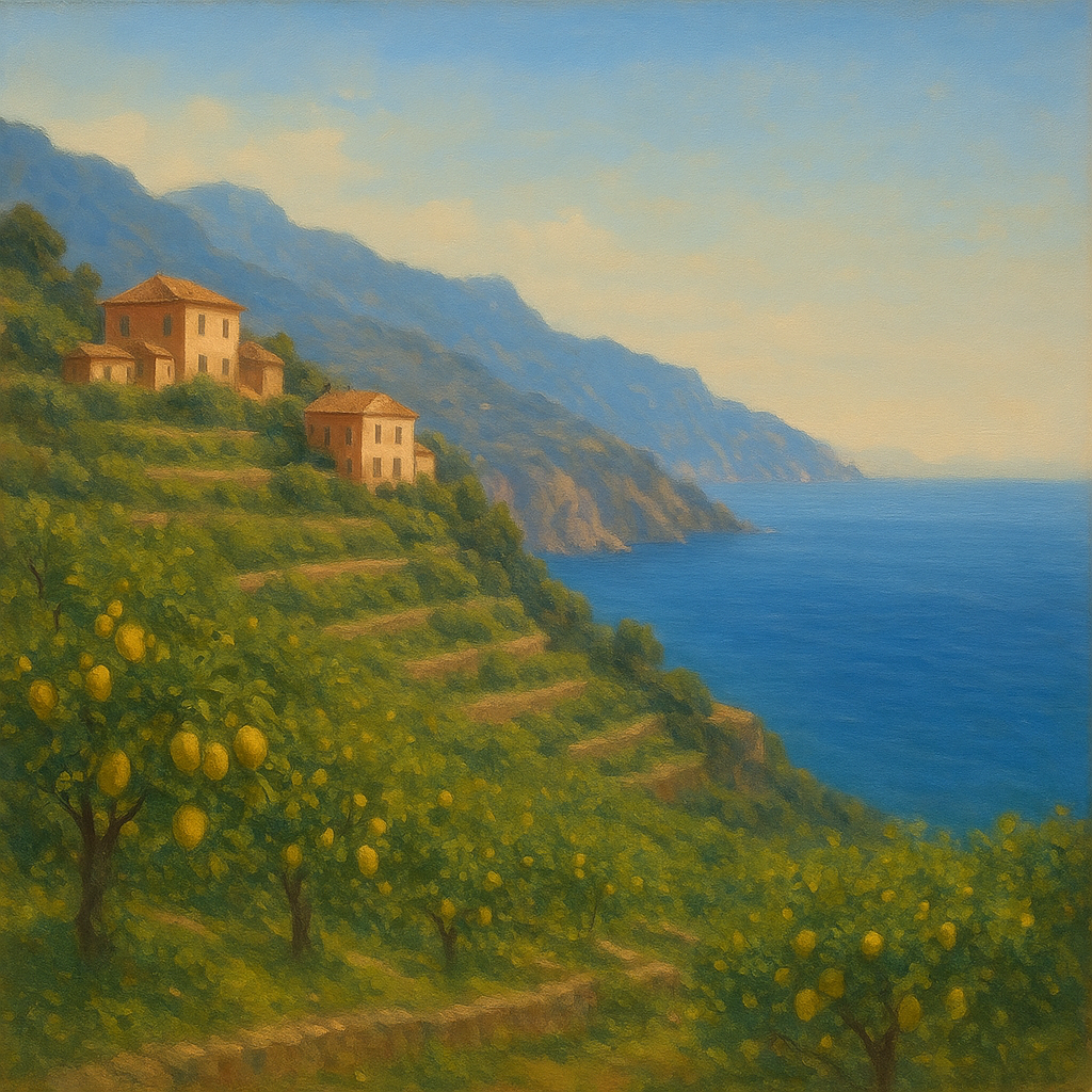 Italian Amalfi Coastline Terraces & Lemon Grove No. 19 Oil Painting - View 1