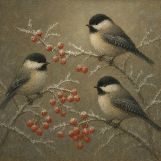 Winter Birds on Frosty Red Berry Branch No. 5 Oil Painting 100% Hand Painted Oil on Belgian Linen Canvas, Original Fine Art Wall Decor