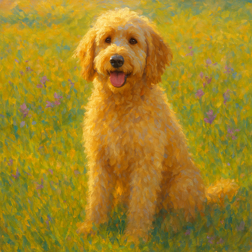 Fluffy Goldendoodle in Sun-Drenched Meadow Fine Art Oil Painting - View 1