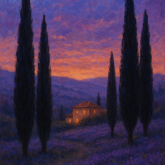 Tuscan Cypress Twilight Landscape Oil Painting - View 1