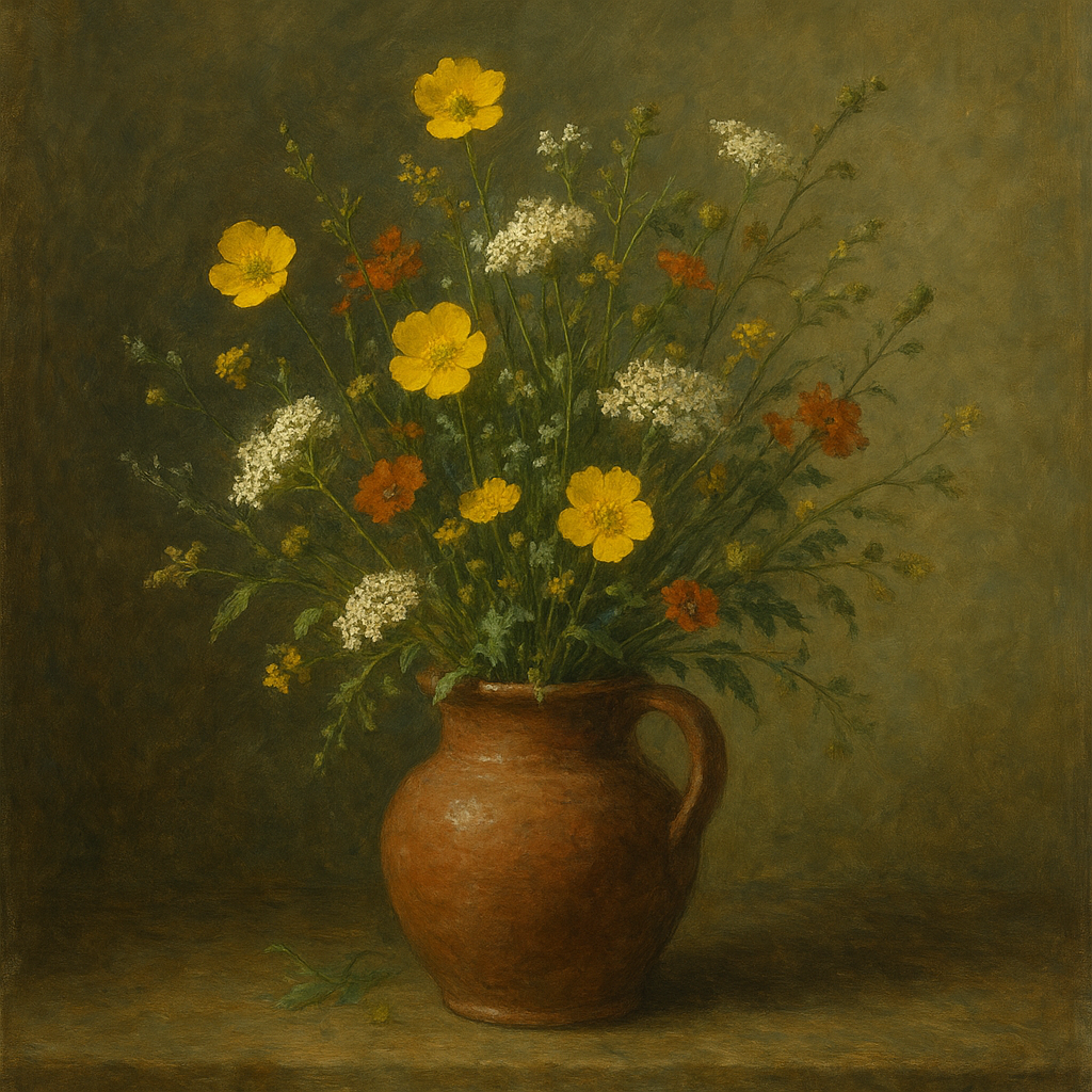 Vintage Meadow Wildflowers in Earthenware Jar No. 15 Fine Art Oil Painting - View 1