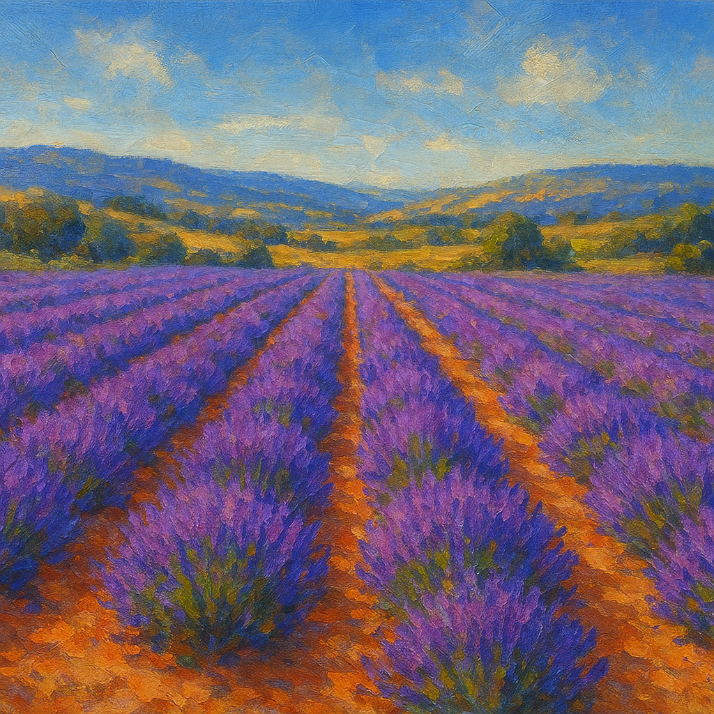 Sun-Drenched Lavender Field in Provence Vista No. 5 Fine Art Oil Painting - View 1