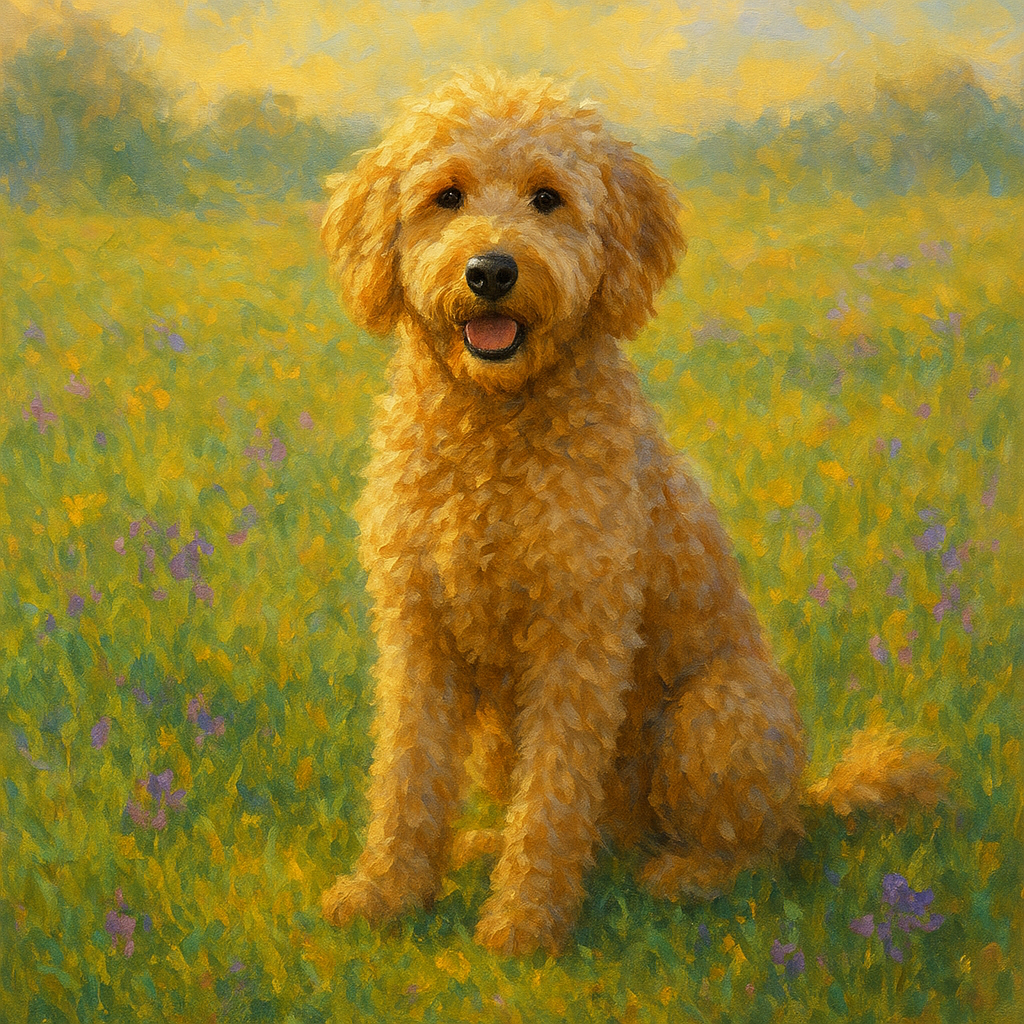 Fluffy Goldendoodle in Sun-Drenched Meadow No. 6 Fine Art Oil Painting - View 1
