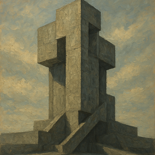 Brutalist Concrete Monolith & Sky Oil Painting - 100% Hand-Painted Master Oil Painting