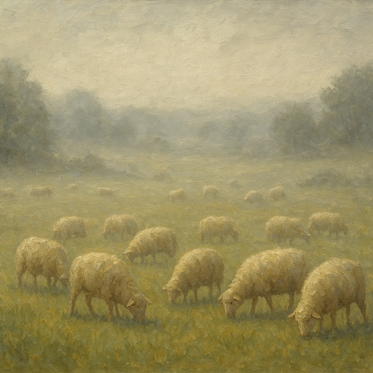 Pastoral Grazing Flock at Morning Mist No. 4 Oil Painting - 100% Hand-Painted Master Oil Painting