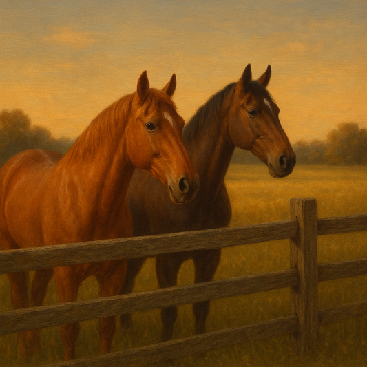 Two Horses at Rustic Post & Rail Fence No. 19 Oil Painting - View 1