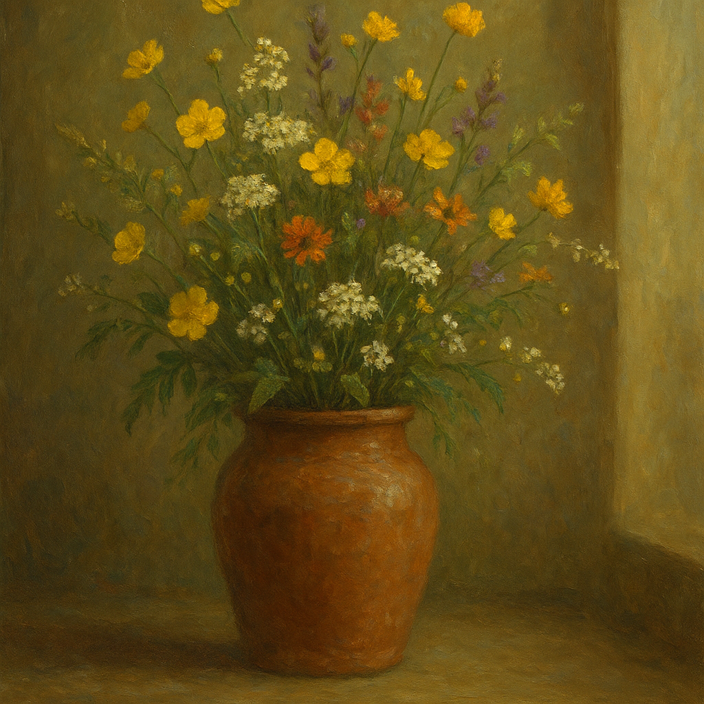 Vintage Meadow Wildflowers in Earthenware Jar Fine Art Oil Painting - View 1