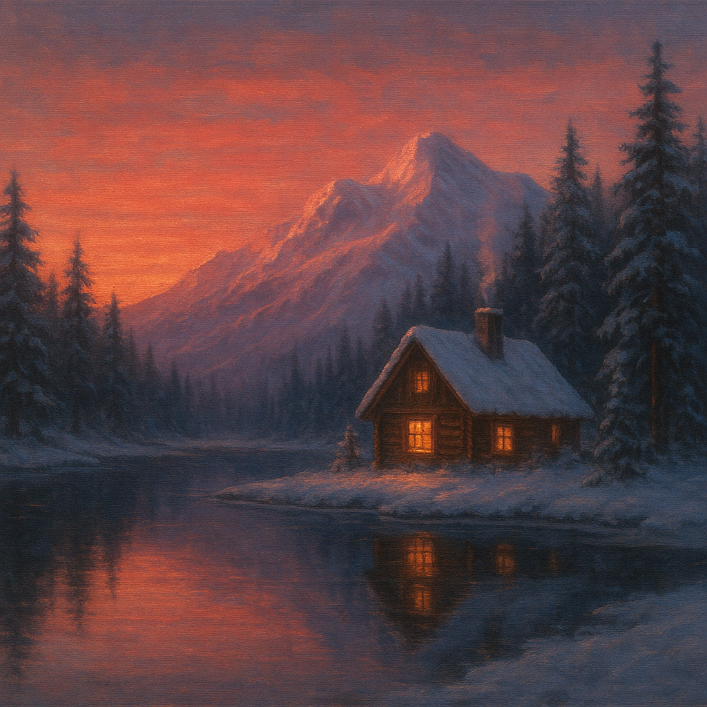 Winter Solstice Mountain Cabin Reflection No. 5 Oil Painting - View 1