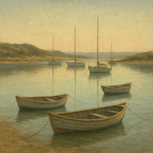 Quiet Fishing Harbor at Morning Low Tide No. 7 Oil Painting 100% Hand Painted Oil on Belgian Linen Canvas, Original Fine Art Wall Decor