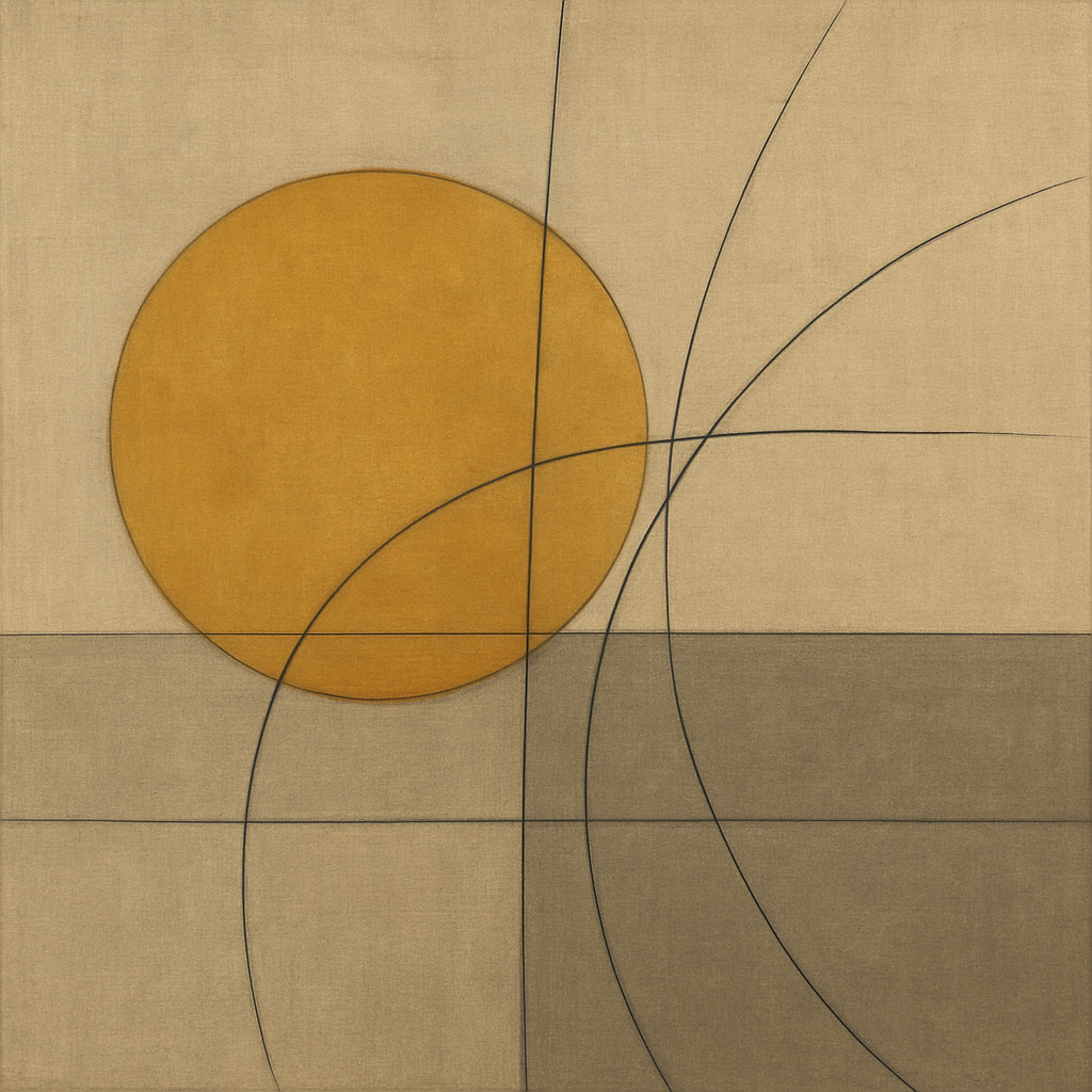 Abstract Tangent Lines & Earthy Ochre Disc No. 13 Oil Painting - View 1