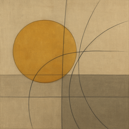 Abstract Tangent Lines & Earthy Ochre Disc No. 13 Oil Painting - View 1