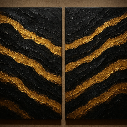 Basalt & Gold Mineral Diptych Oil Painting - 100% Hand-Painted Master Oil Painting