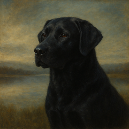 Black Labrador Retriever by Misty Lake Horizon No. 17 Fine Art Oil Painting - View 1