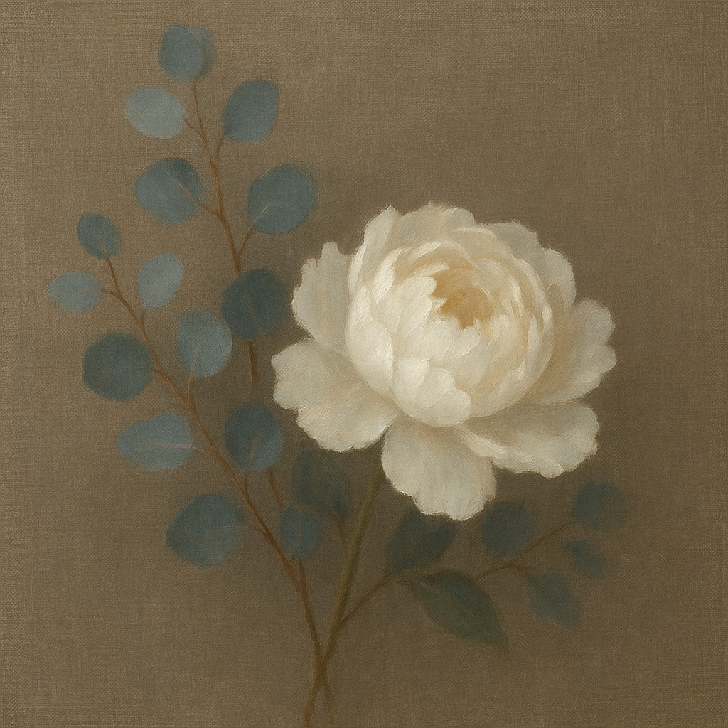 Eucalyptus & White Peony Minimalist Flora No. 4 Fine Art Oil Painting - View 1