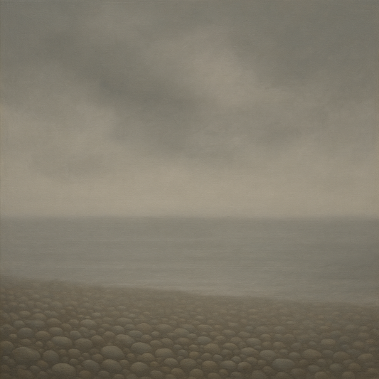 Overcast Coastal Fog & Wet Pebble Shingle No. 8 Oil Painting 100% Hand Painted Oil on Belgian Linen Canvas, Original Fine Art Wall Decor