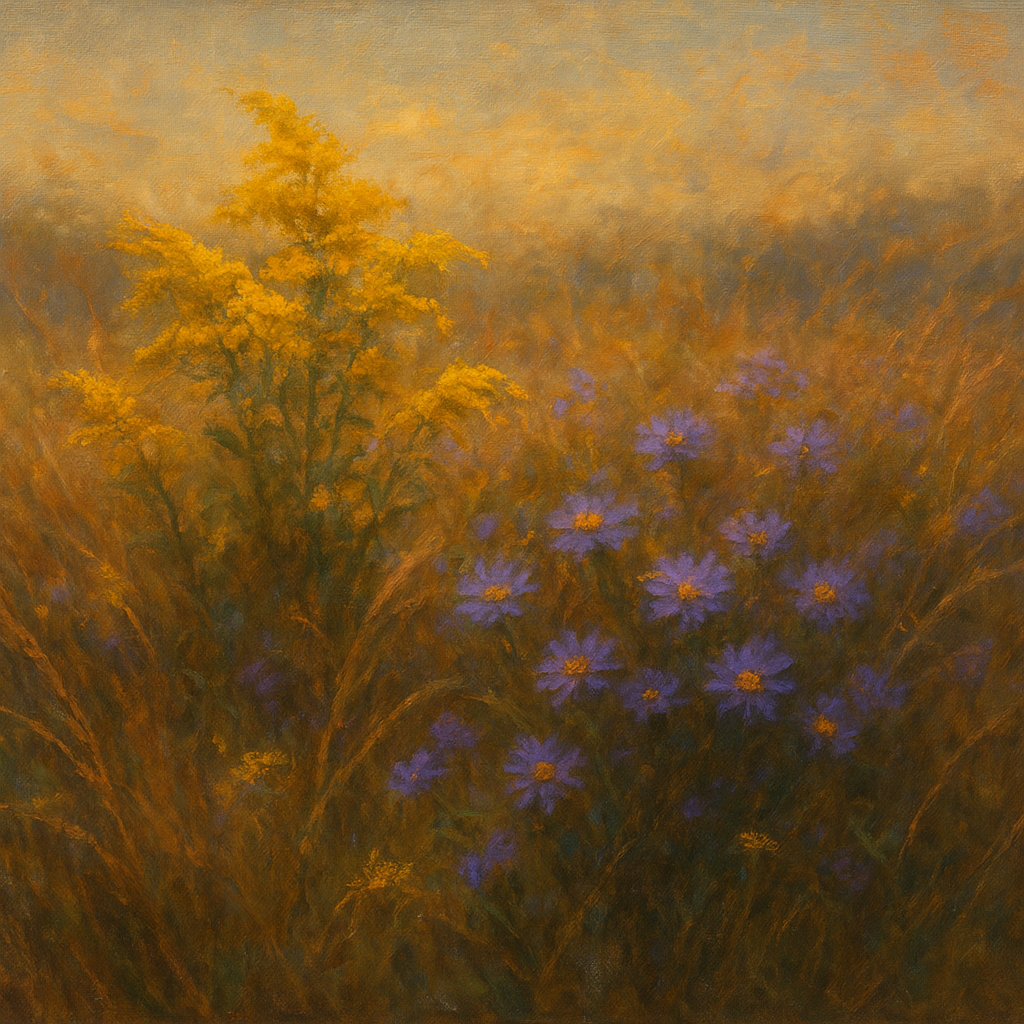 Goldenrod & Autumn Asters in Rustic Meadow No. 11 Fine Art Oil Painting - View 1