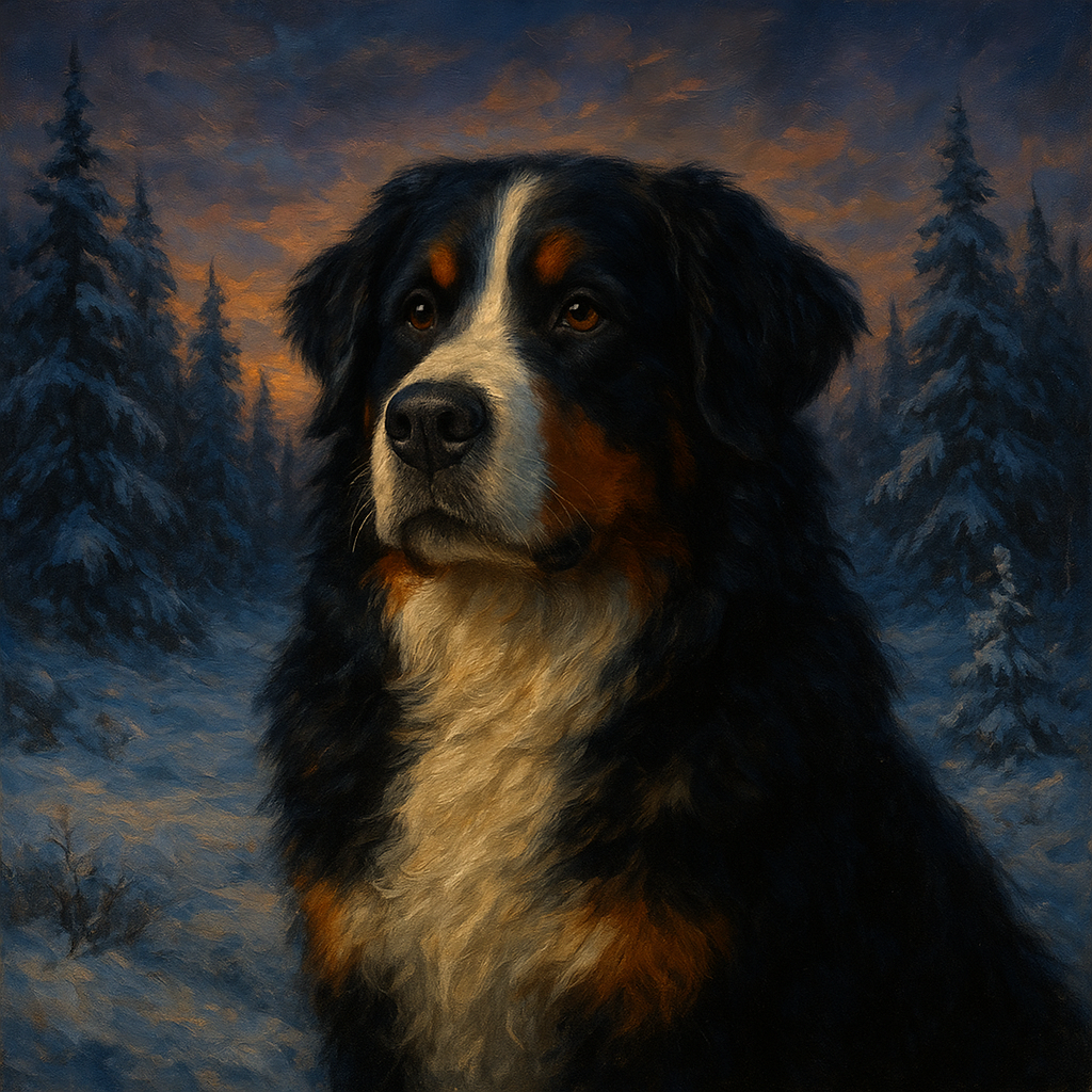 Bernese Mountain Dog in Winter Snowscape Fine Art Oil Painting - View 1
