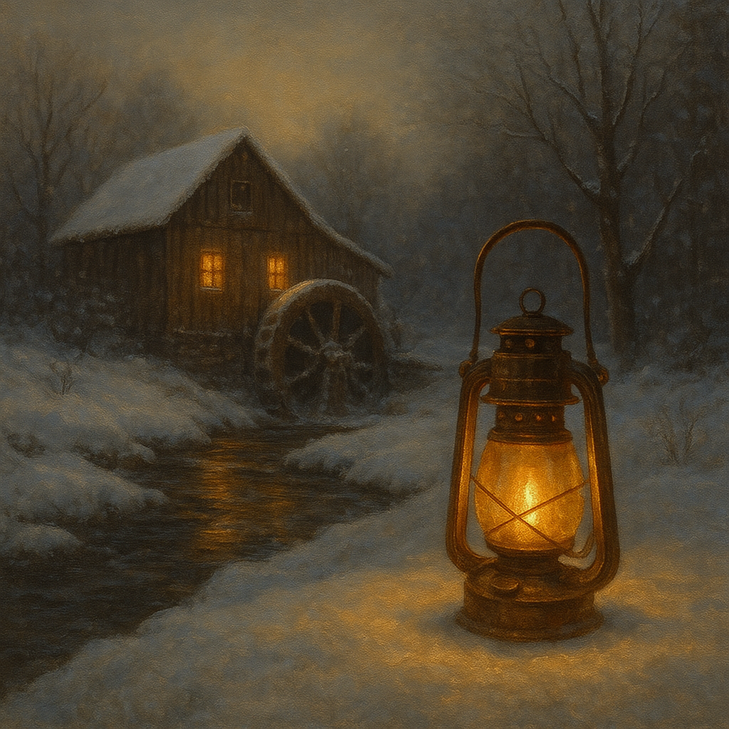 Snowy Mill Stream & Glowing Lantern Oil Painting - View 1