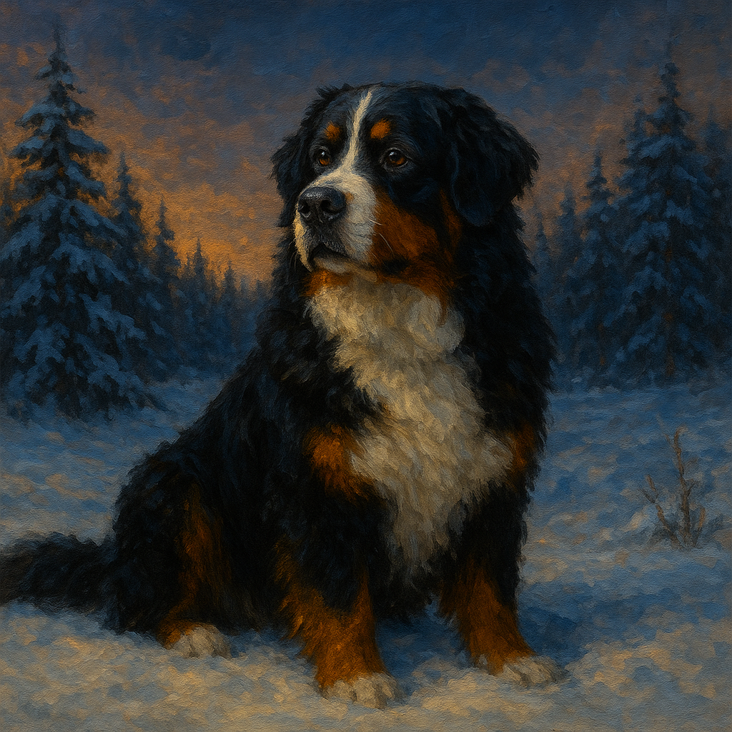 Bernese Mountain Dog in Winter Snowscape No. 6 Fine Art Oil Painting - View 1
