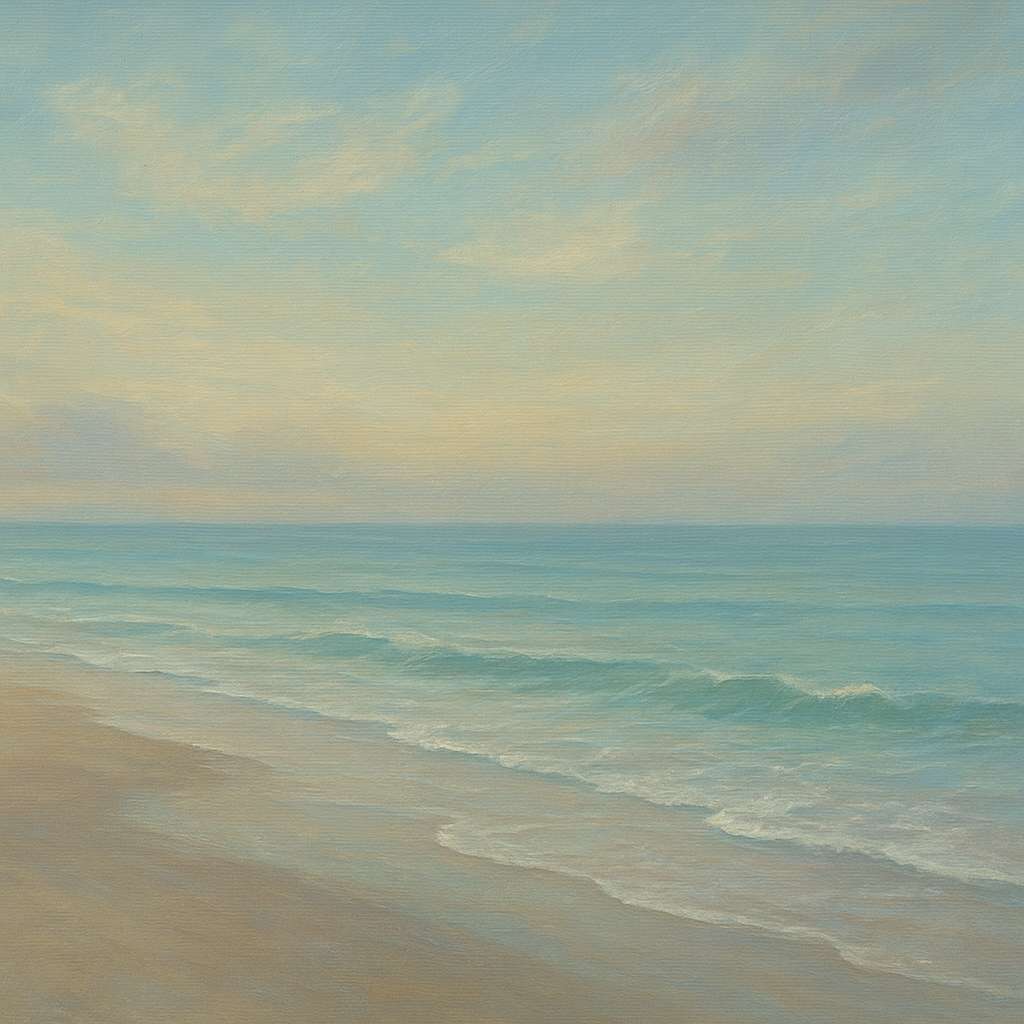 Tranquil Morning Tide over Soft Sand Beach Fine Art Oil Painting - View 1