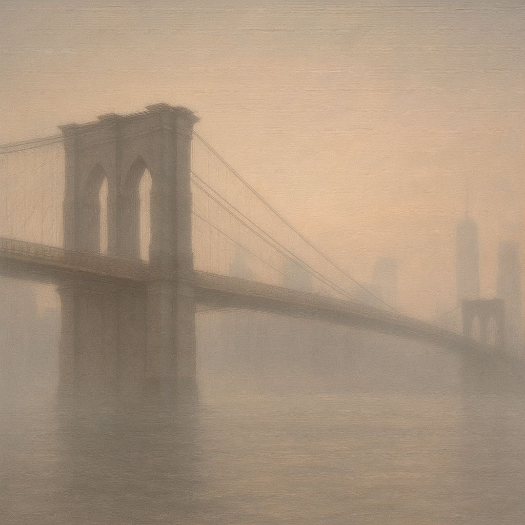 Brooklyn Bridge in Morning River Mist No. 28 Oil Painting - View 1