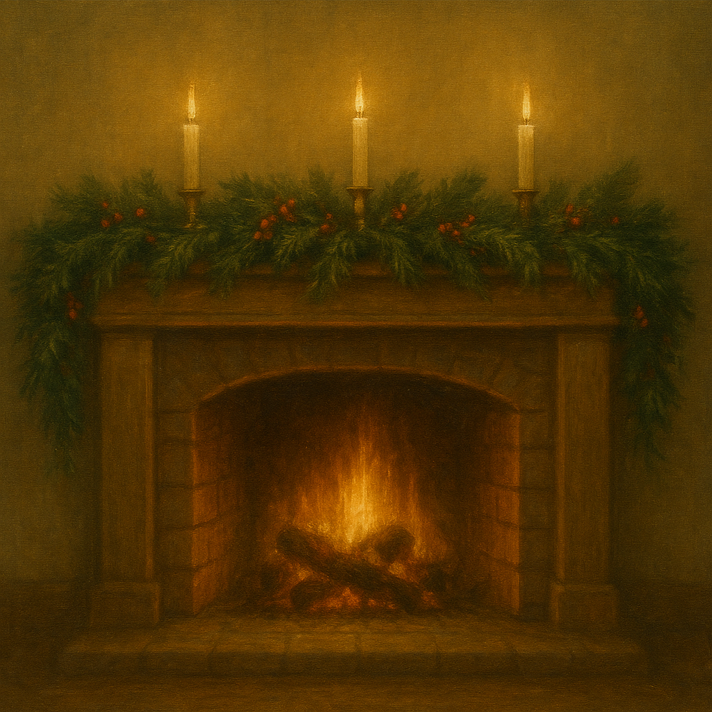 Vintage Fireside Hearth & Cedar Garlands No. 9 Oil Painting - View 1