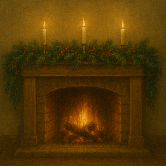 Vintage Fireside Hearth & Cedar Garlands No. 9 Oil Painting 100% Hand Painted Oil on Belgian Linen Canvas, Original Fine Art Wall Decor