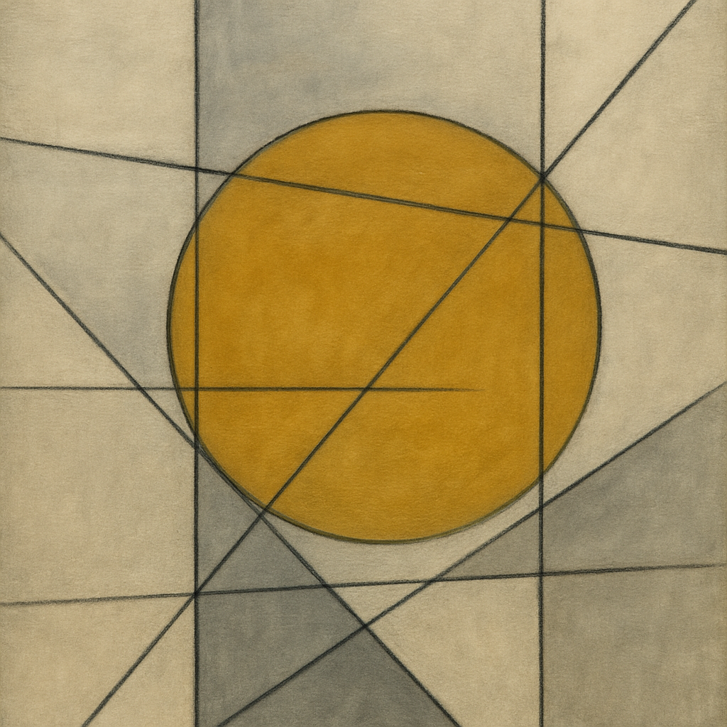 Abstract Tangent Lines & Earthy Ochre Disc No. 25 Oil Painting - View 1